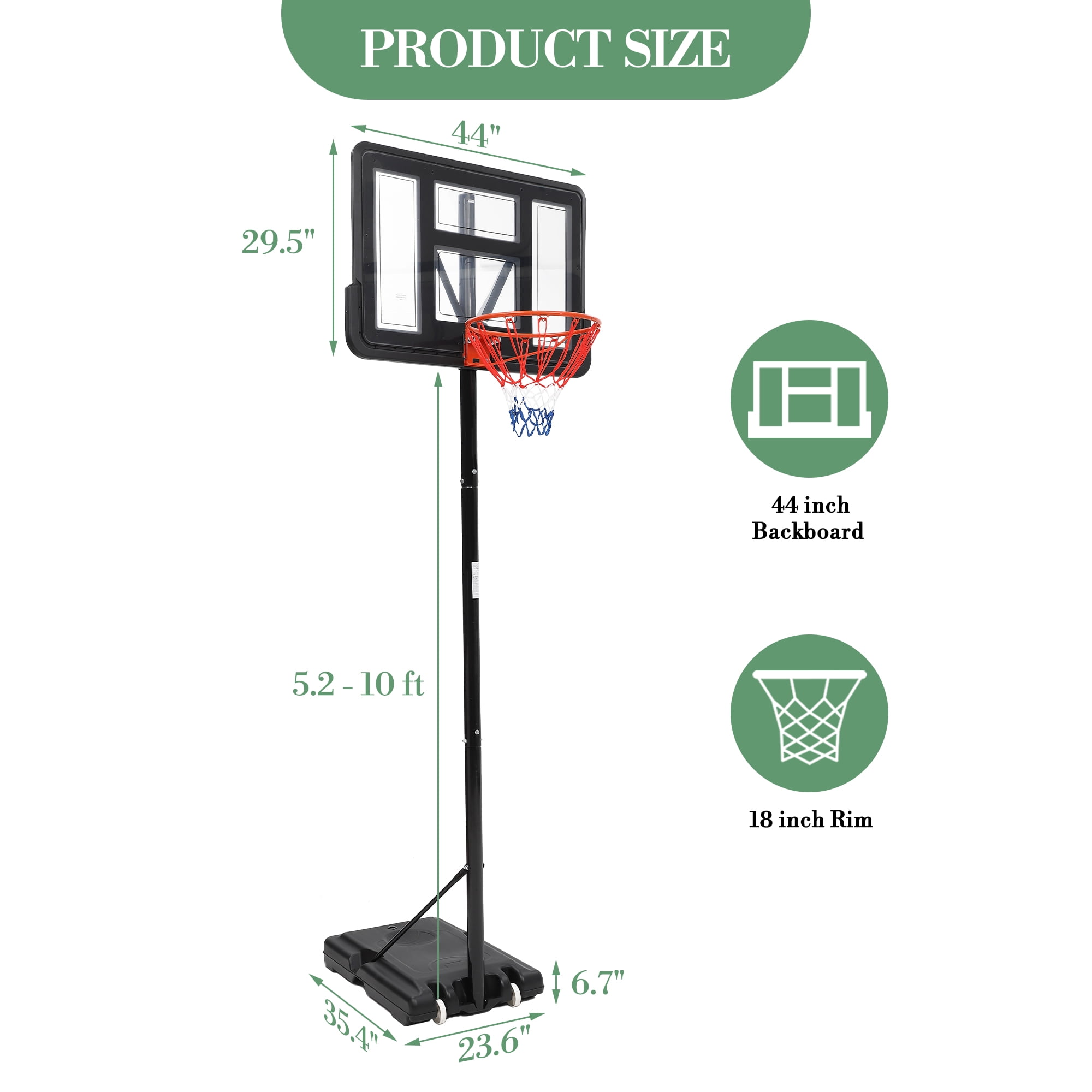 Basketball Hoop Outdoor  5.2-10FT, 44Inch Outdoor Basketball Hoop with Stable Larger Base and Portable Wheels for Youth, and Adults