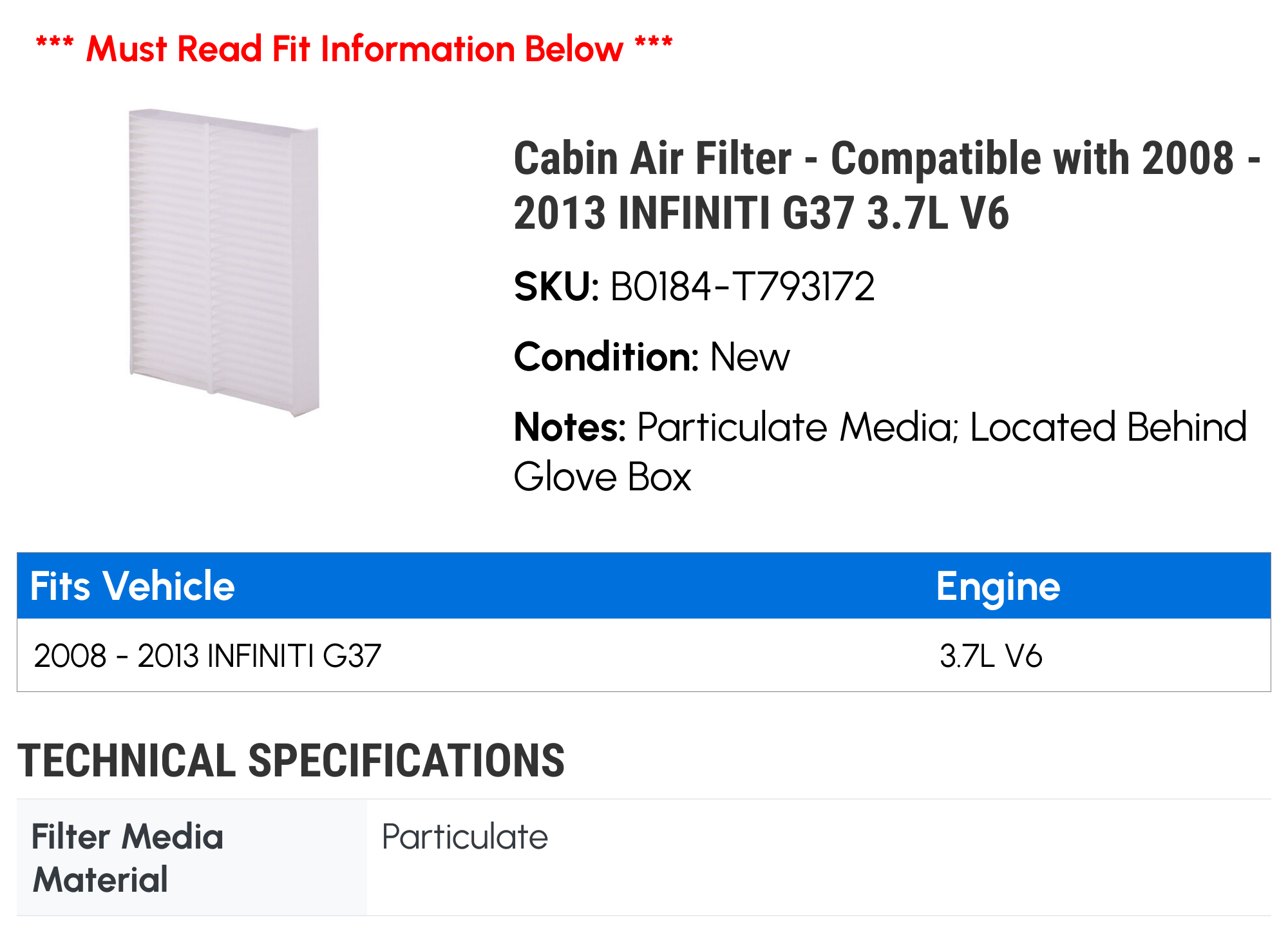 Cabin Air Filter - Compatible with 2008 - 2013 INFINITI G37 3.7L V6 2009 2010 2011 2012