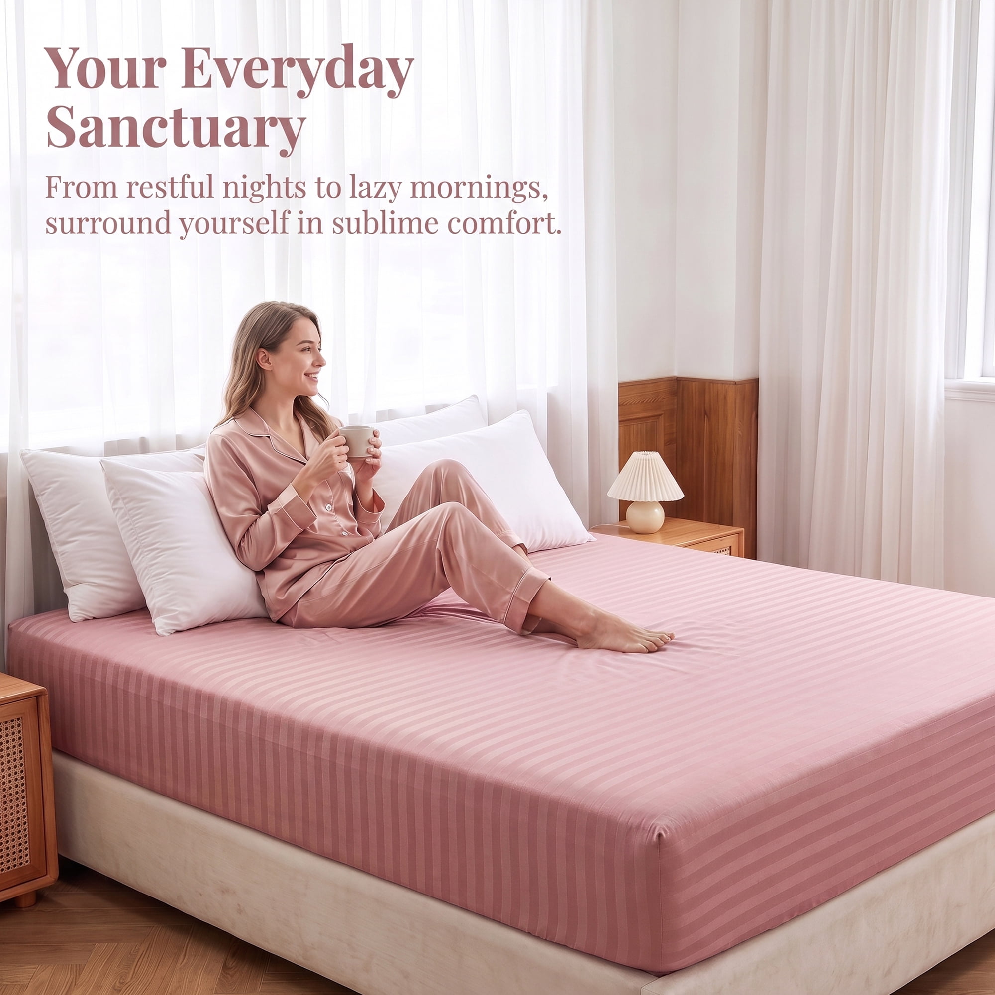 Unique Bargains Fitted Polyester Stripes Bed Sheets Not Easy to Fade 60.2"x79.9" Pink
