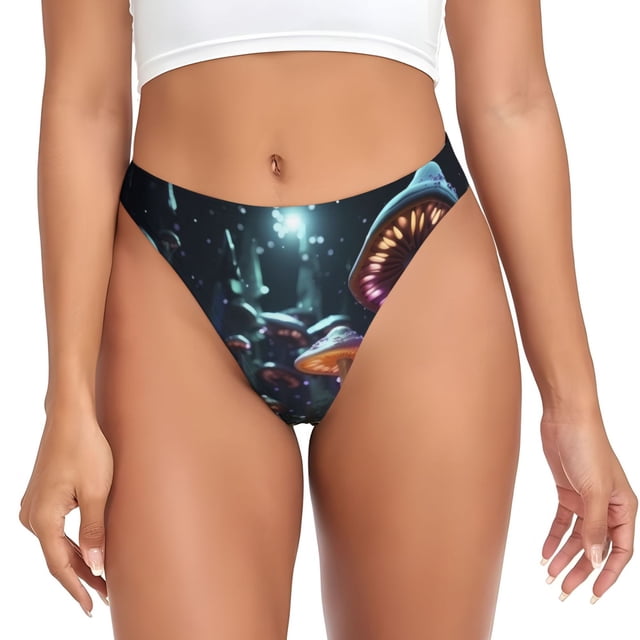 Balery Purple Glowing Mushroom Tangas de Algodón para Mujer con Estampado – Ropa Interior Sexy, Transpirable, G-string-Large