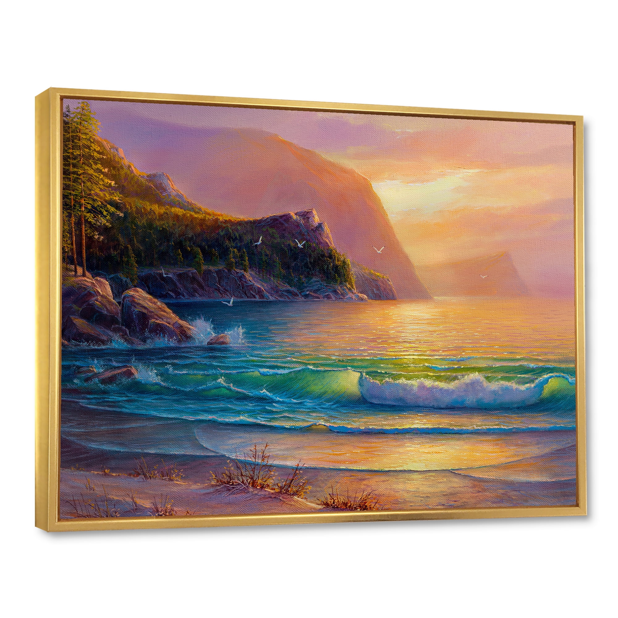 Designart 'Romantic Beach During Warm Evening' Nautical & Coastal Framed Canvas Wall Art Print