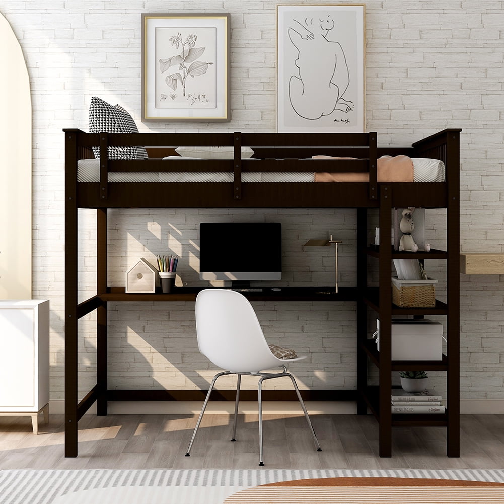 Veryke Wood FullSize High Loft Beds Loft Beds with Corner Desk and Bookcase UnderBed Storage