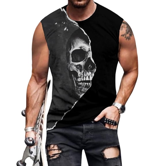 adaychics Mens Skull Tank Top Gothic Print Sleeveless Crew Neck Gym Athletic Workout Tops for Fitness Vacation Beach