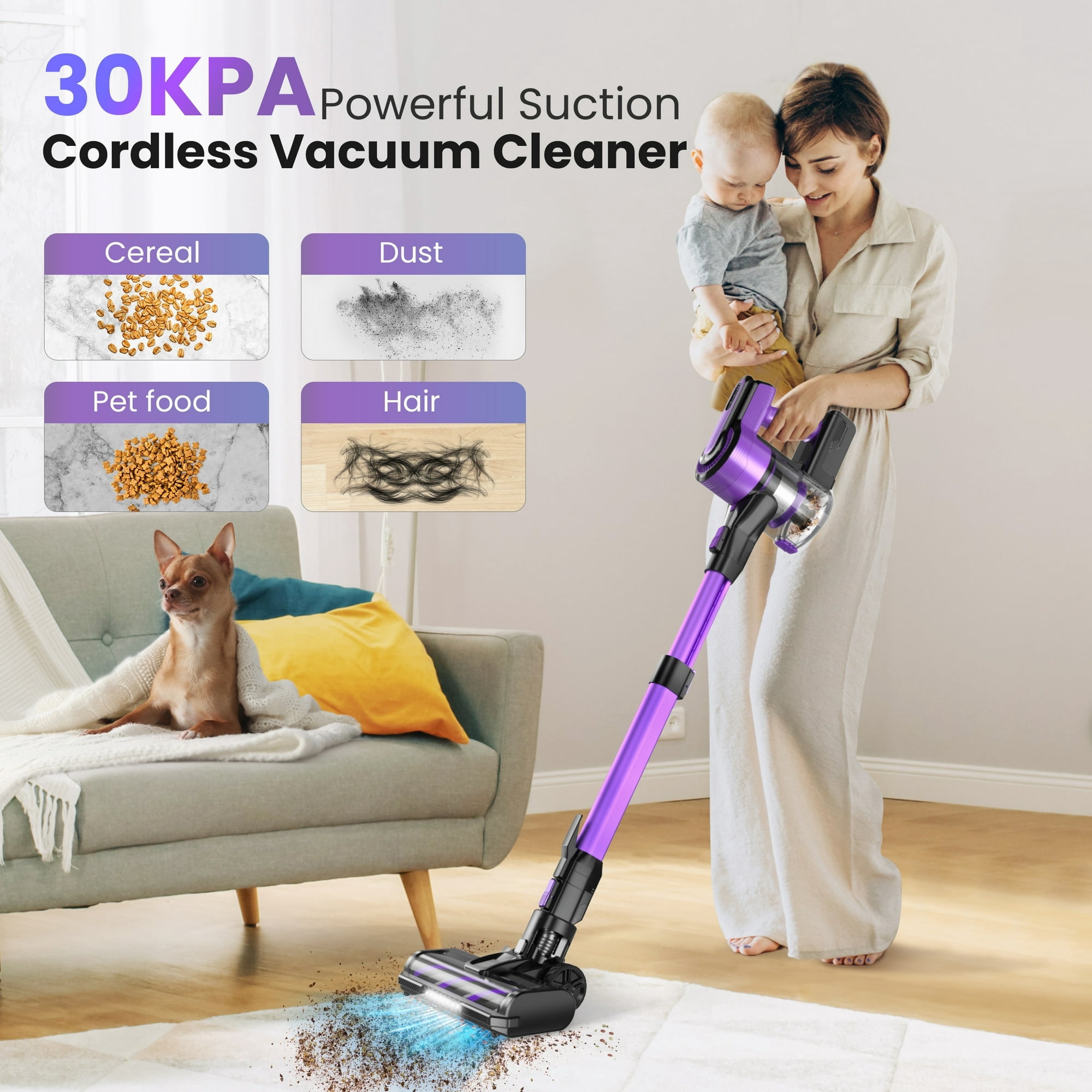 Cordless Vacuum Cleaner,30Kpa 60min Runtime Lightweight Stick Vacuum,8 in1 Self-Standing,Rechargeable Vacuum Cleaners for Pet Hair,Carpet,Hardwood Floor V870(Purple)