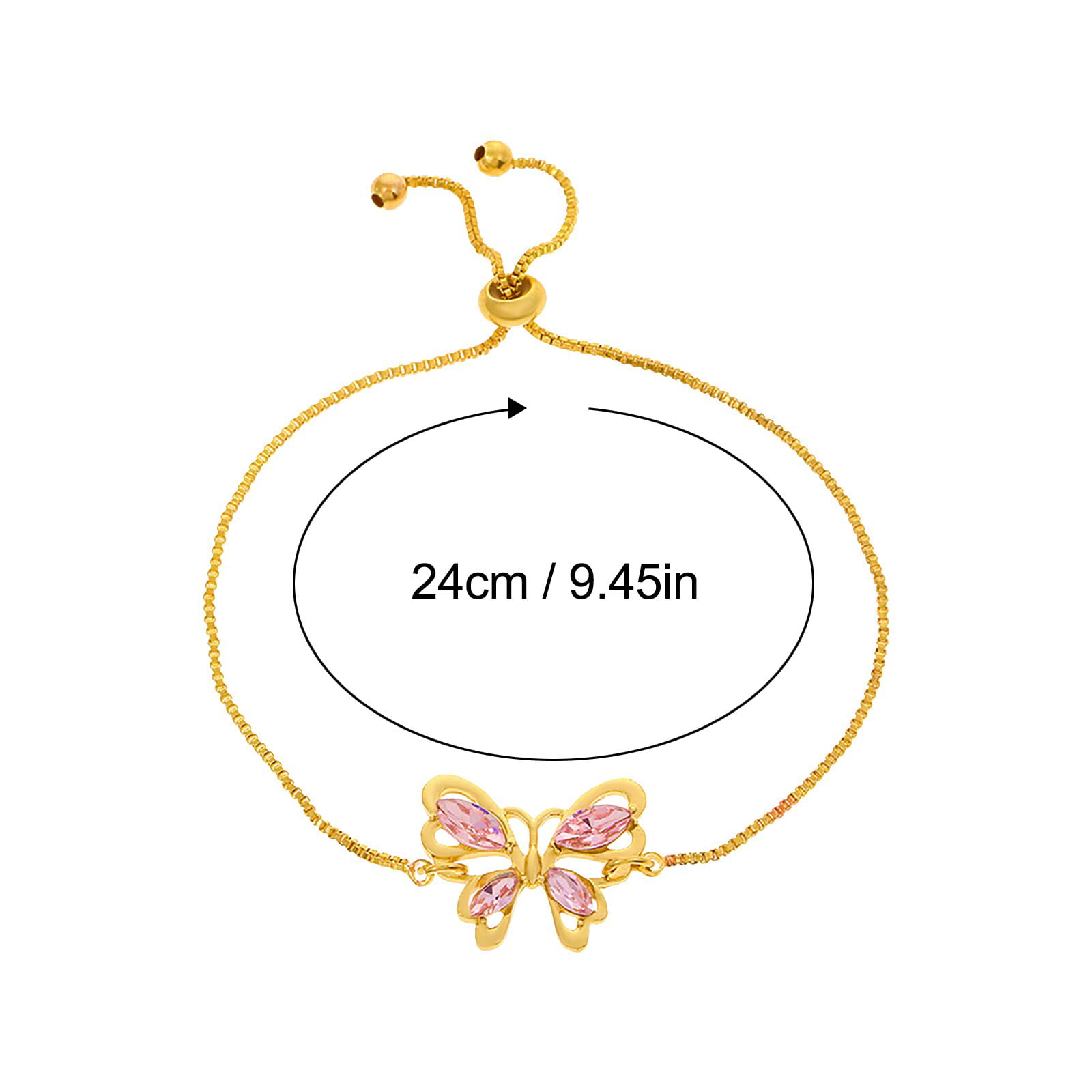 14K Solid Yellow Gold Butterfly Bracelet, Pink Enamel Butterfly