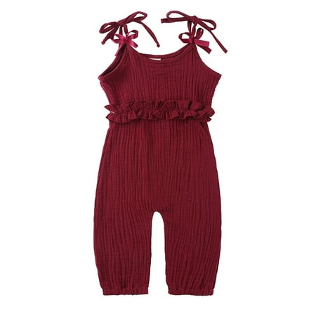 

Girls Infant Summer Jumpsuit Spaghetti Strap Cotton Ruffles Kids Pants Lace-up Solid Bowknot Decoration Jumpsuit