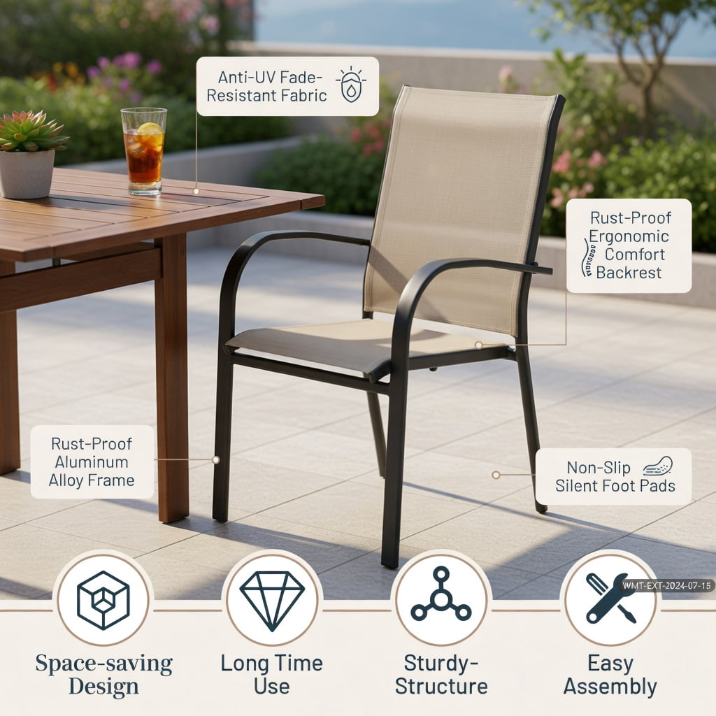 Hommoo 2-Pack Stackable Outdoor Dining Chairs with Armrests, Rust-Resistant Steel Frame, Breathable Fabric Seat, Patio Chairs for Deck, Garden, Poolside, Brown