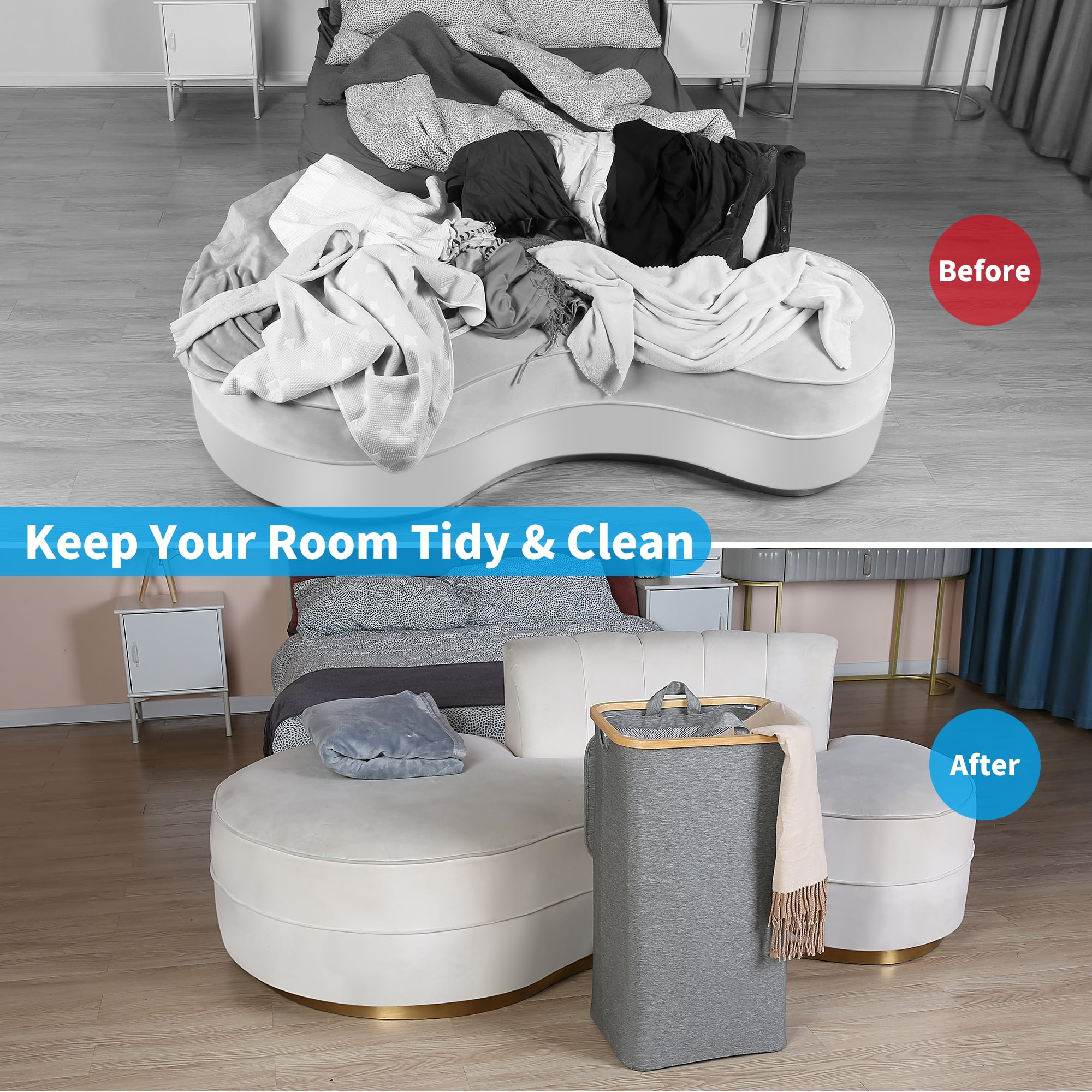 Efluky Laundry Basket with Lid and Removable Bag, 100L Tall Laundry Hamper with Bamboo Handles, Aesthetic Dirty Clothes Bin for Laundry Room, Bathroom, Bedroom and Dorm,Grey