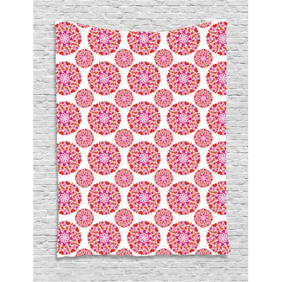 Valentine's Day Tapestry, Romantic Love Theme of Vibrant Hearts in Circle Forms, Wall Hanging for Bedroom Living Room Dorm Decor, 40"W X 60"L, Vermilion Pink and Off White, by Ambesonne