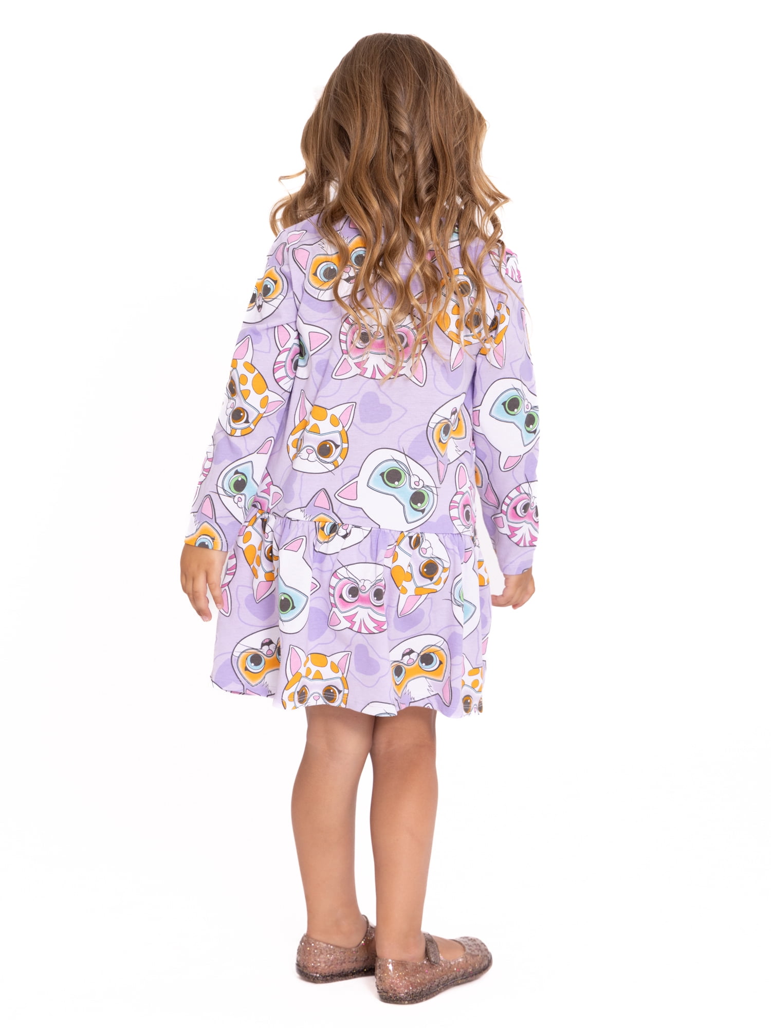 Super Kitties Toddler Girl Long Sleeve Drop Waist All Over Print Dress, Sizes 12M-5T