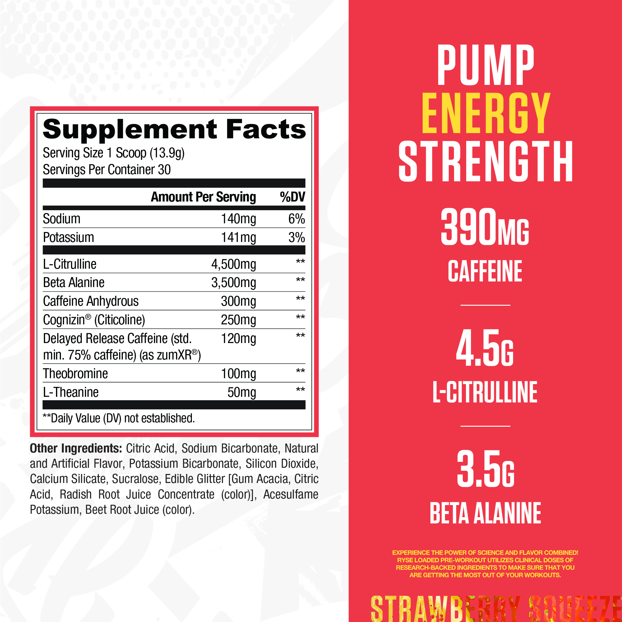 RYSE Loaded Daily Pre Workout Powder - Strawberry Squeeze - 30 Servings