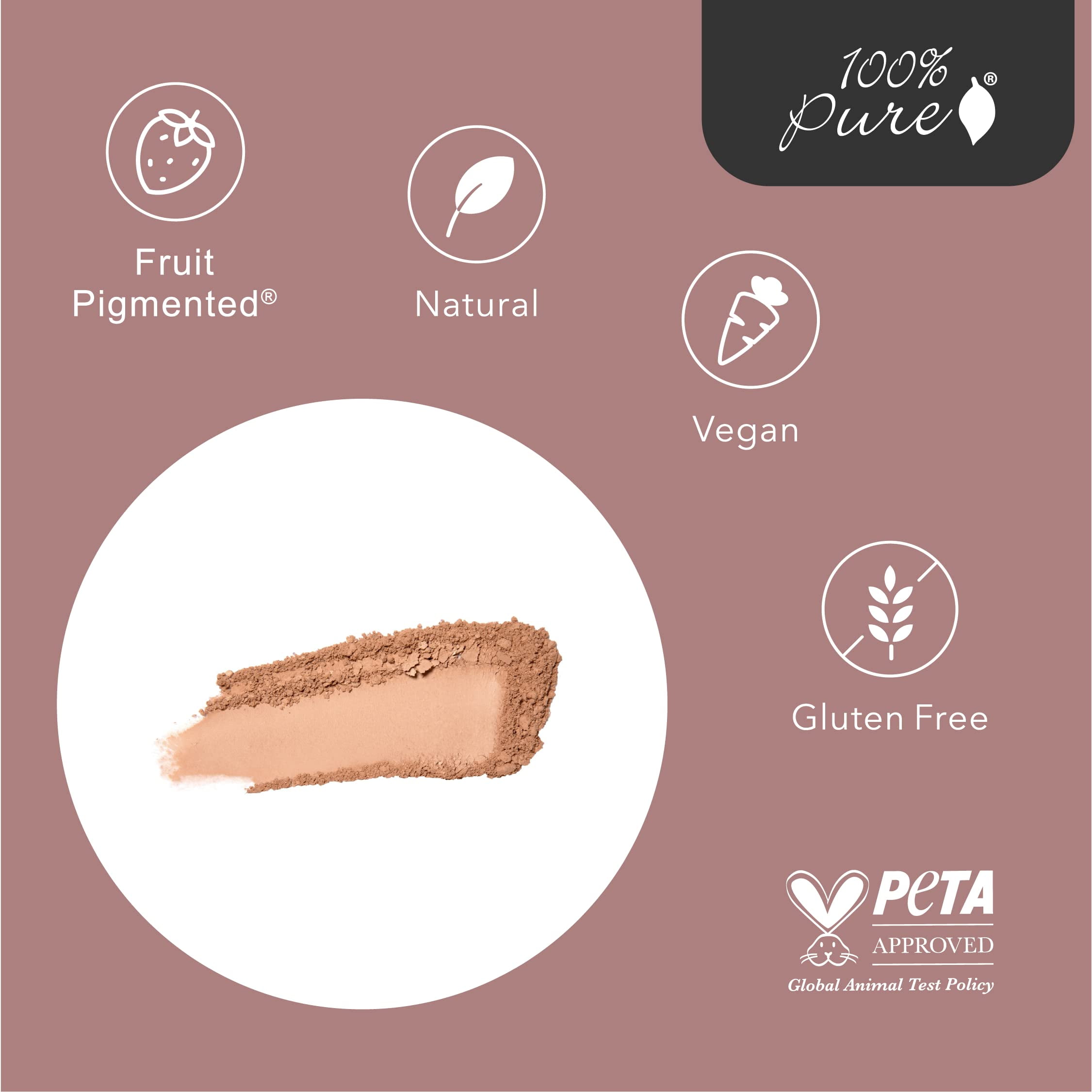 100% PURE Powder Foundation Matte Finish Face Makeup - Oil Absorbing Pressed Poreless Concealer - Vegan Fruit Pigmented Golden Peach Color (Medium-Tan Shade w/Neutral Undertones) - 0.32 Oz