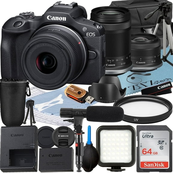 Canon EOS R100 Mirrorless Camera with RF-S 18-45mm   18-150mm Lens   SanDisk 64GB Memory Card   Case   LED Flash   ZeeTech Accessory Bundle