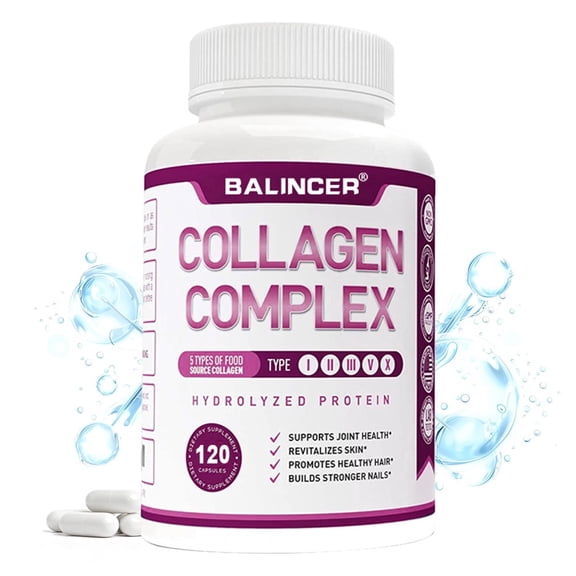 Balincer 5-Type Collagen Complex Supplement, 1500mg Per Serving, 120 Capsules, Supports Skin, Joint, Hair & Nail Health