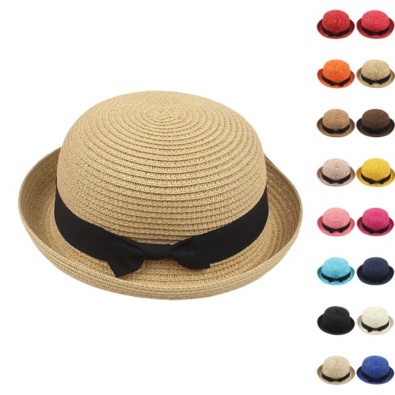 UJNDER Women Sun Hat Bow Flat Top Small Brim Bridal Shower Beach Hat with Flower Summer Hat for Women Khaki,One Size