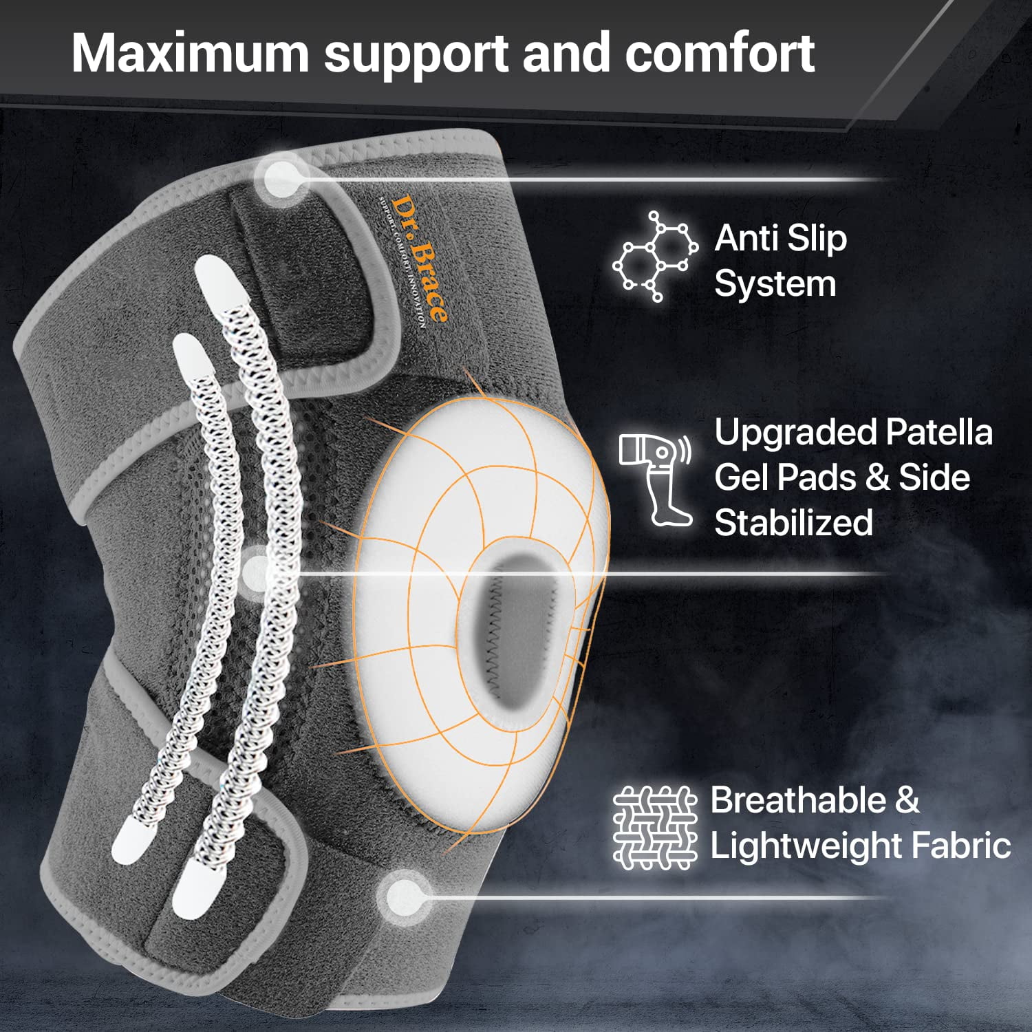 DR. BRACE Compression Knee Brace with Side Stabilizers & Patella Gel Pads, Knee Support for Knee Pain, Running & Sports, Men & Women (Moon, Medium)