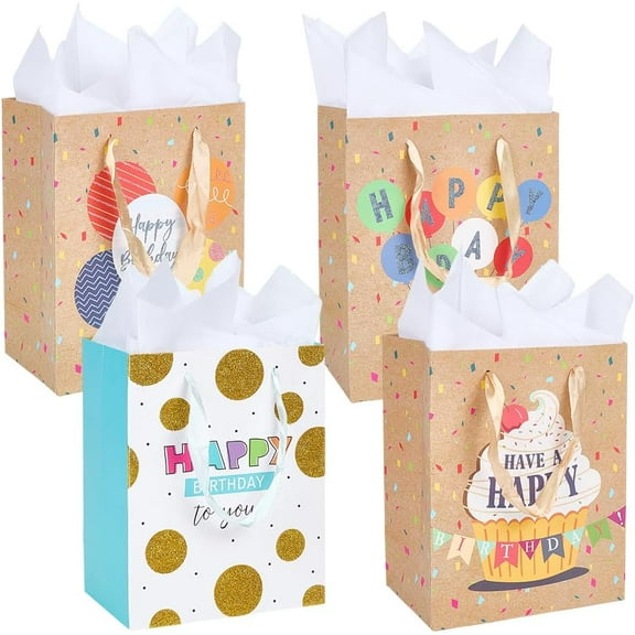 4Pcs 7 x 4 x 9 Inch Happy Birthday Shopping Bags Birthday Gift Bag with Tissue Paper Colorful Balloon Rectangle Heavy Duty Present Wrapping for Presents Packaging Decoration colorful