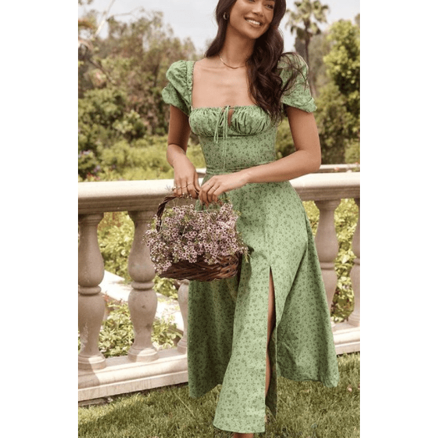 Mialoley Robe Fendue pour Femmes, Imprimé Floral Col Carré Jupe à Manches Courtes