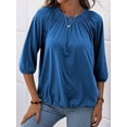 thumbnail image 4 of Women'S Solid Crew Neck T Shirt Blouse Cotton Half Sleeve 3/4 Sleeve Casual Loose Pleated Basic Tops Blue L, 4 of 7