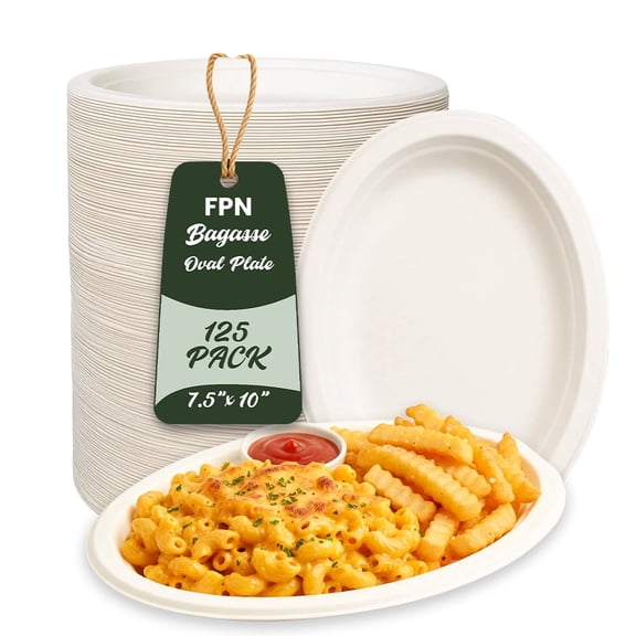 FPN Disposable Oval Plates, Small, 125-Pack, Compostable, Microwave-Freezer Safe for Parties & Events