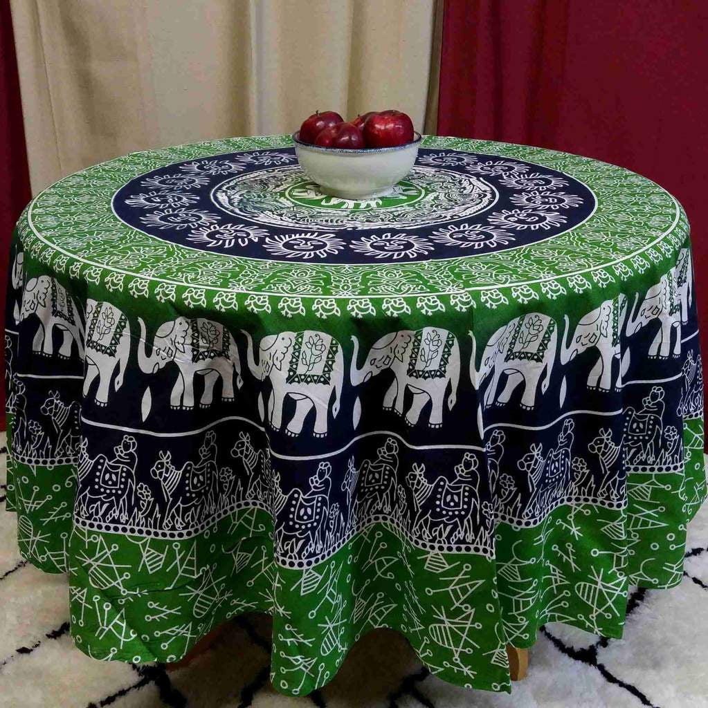 Elephant Mandala Style Round Tablecloth Table Cloth Cotton 72" Diameter Red 