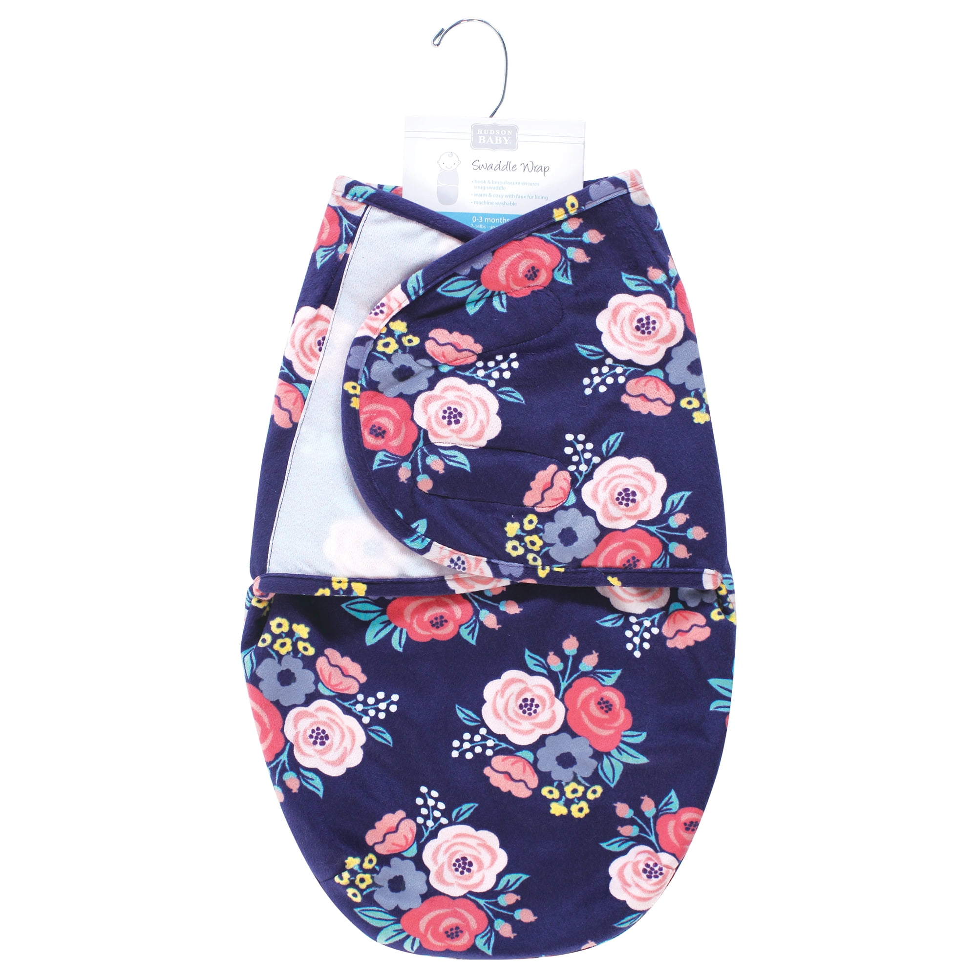 Hudson Baby Infant Girls Plush Faux Fur Swaddle Wrap, Navy Bold Floral, 0-3 Months