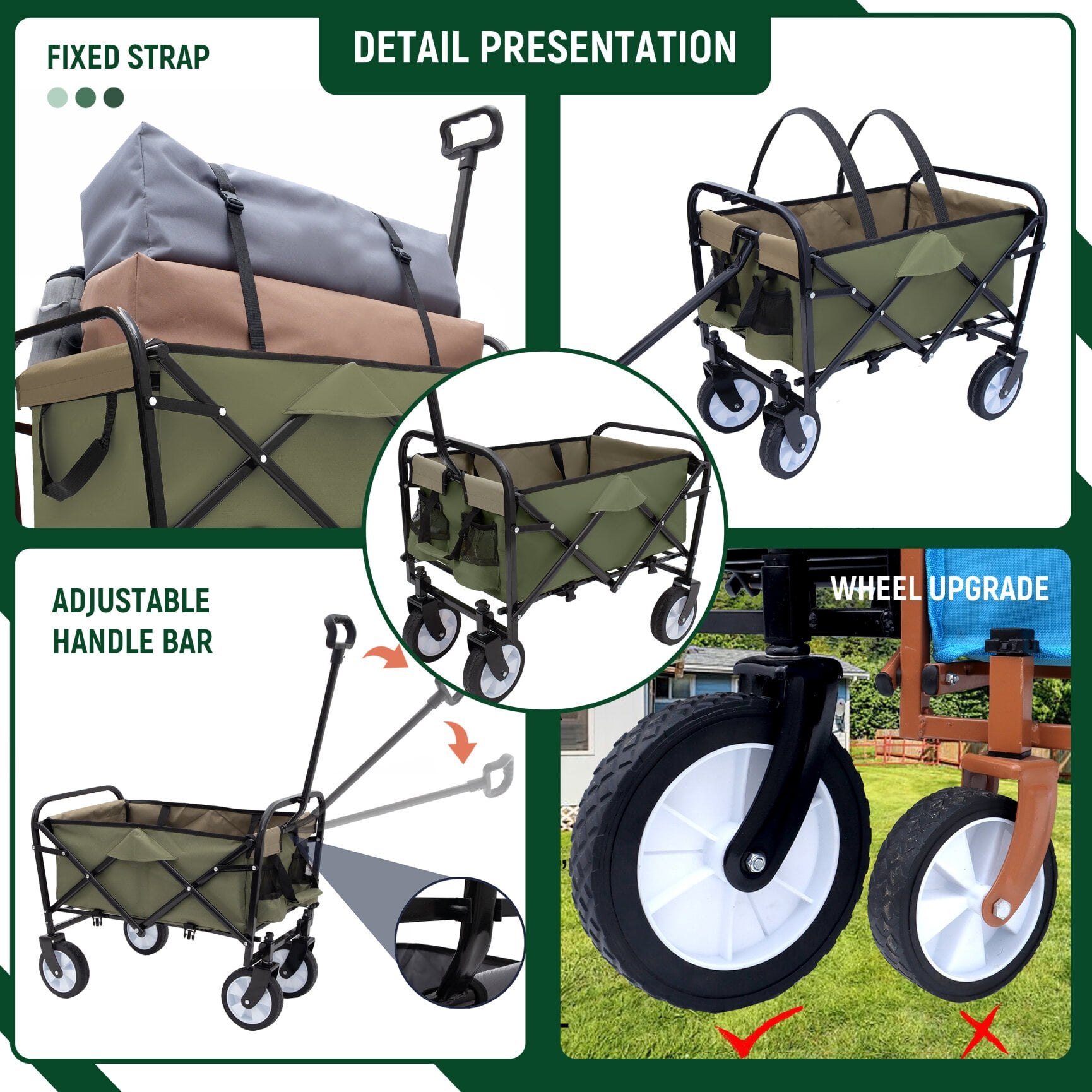Utility Wagon Cart Foldable with Strapping System, Heavy Duty 225lbs Capacity, Lightweight Collapsible Design, Utility Cart, beach wagon with 360° Swivel Wheels for Camping, Shopping, Army Green