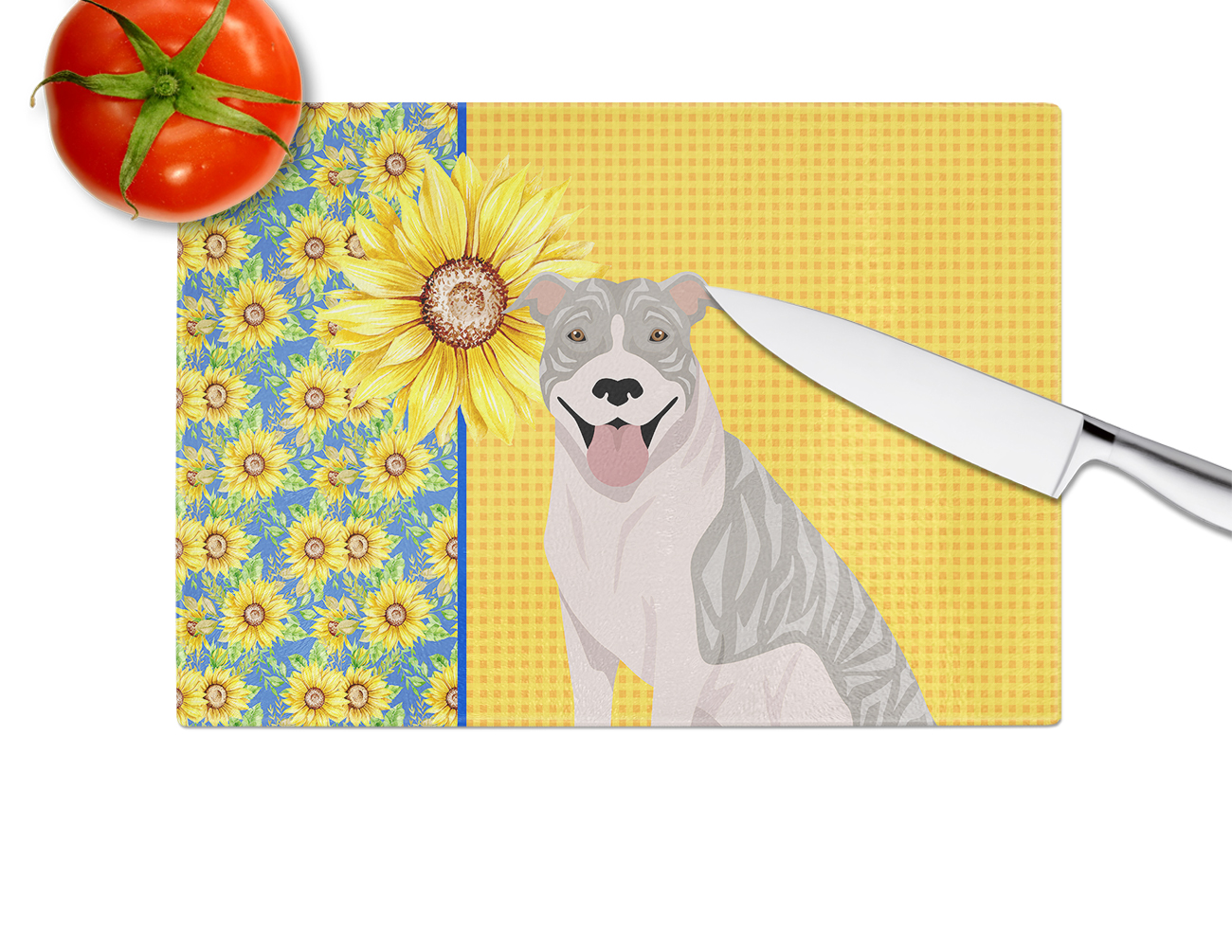 Summer Sunflowers Blue Brindle Pit Bull Terrier Glass Cutting Board Large 12 in x 15 in