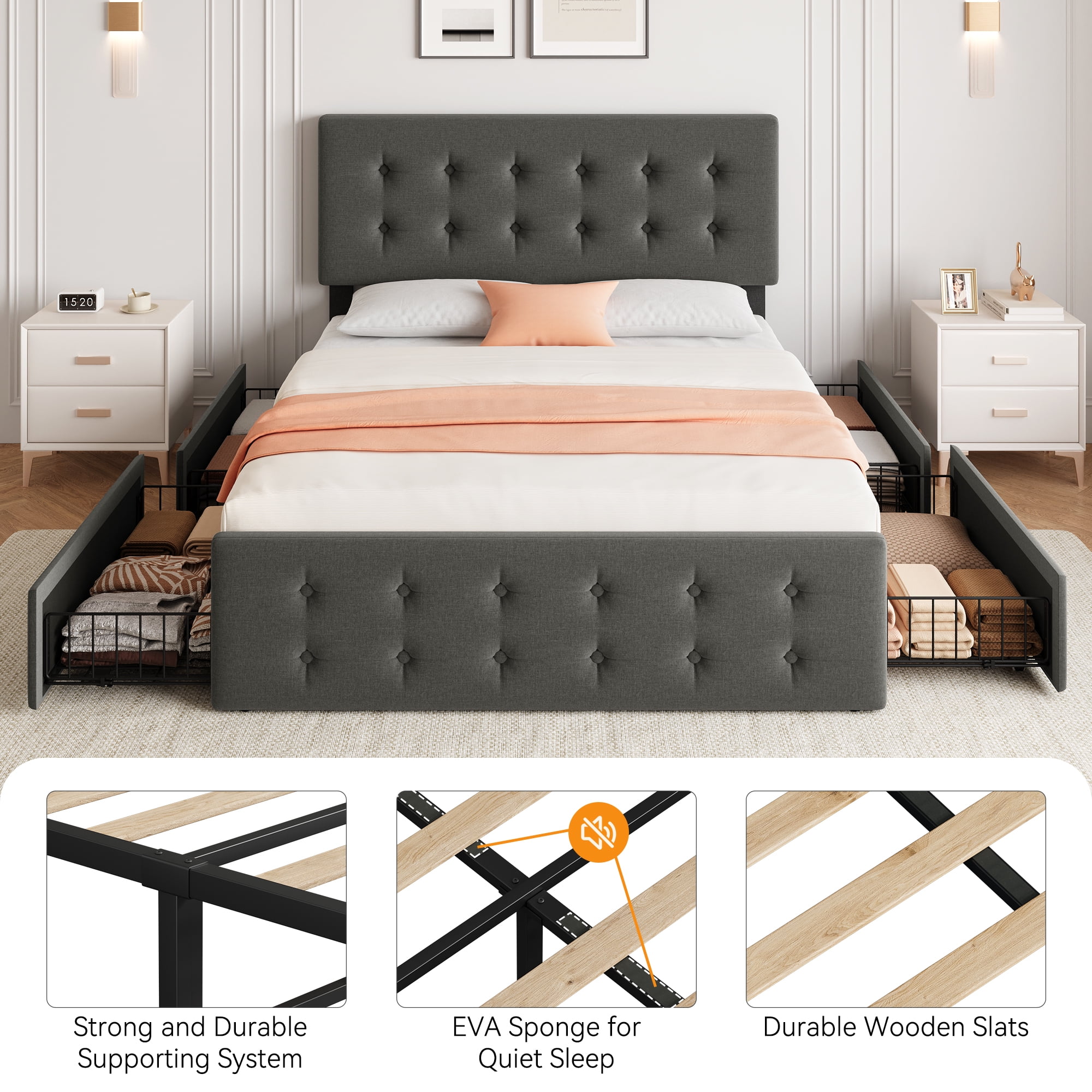 Huisuilinss Linen Upholstered Platform Bed Frame Queen Size Bed Frame With Button Tufted Design Headboard Full Size Bed Frame With 4 Storage Drawers Wooden Slats Support No Box Spring Needed
