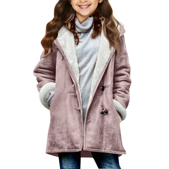 Kaemgyyd Kids Fall Winter Coats Girls Fleece Lined Thickened Warm Casual Jackets Button down Thermal Hooded Outerwear 5-14 Years