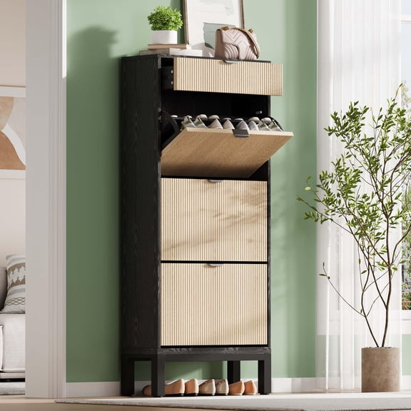 Garderth Shoe Storage Cabinet With 3 Flip Drawers,Fluted Shoe Cabinet With Drawer,Hidden Shoe Rack With Adjustable Shelf,Freestanding Wood Shoe Organizer For Foyer Hallway Entryway