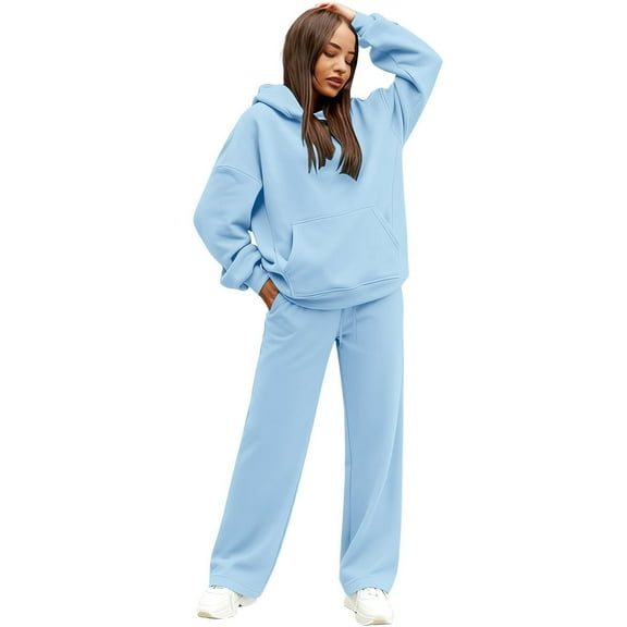 KDDYLITQ Women 2 Piece Sets Lounge Oversized Trendy Pullover with Pocket Winter Wide Leg Loose Loungewear Casual Matching Workout Outfits Sky Blue M