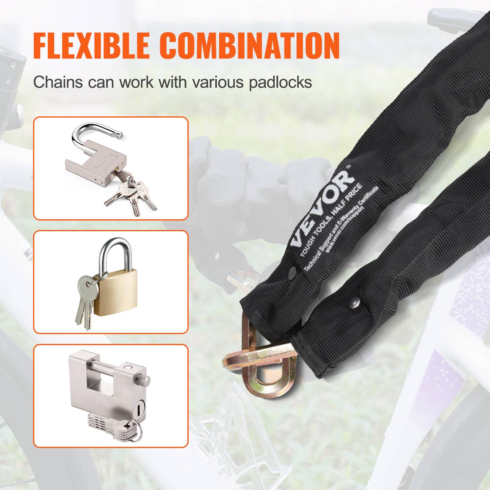 VEVOR Bike Chain Lock, 5.91 Ft Security Bicycle Chain Lock, Heavy Duty Metal Steel Anti-Theft High Security Bike Locks,Perfect for Bike, Motorcycle, Scooter, Bicycle, Door, Fence, Gate, 9.5mm,Black