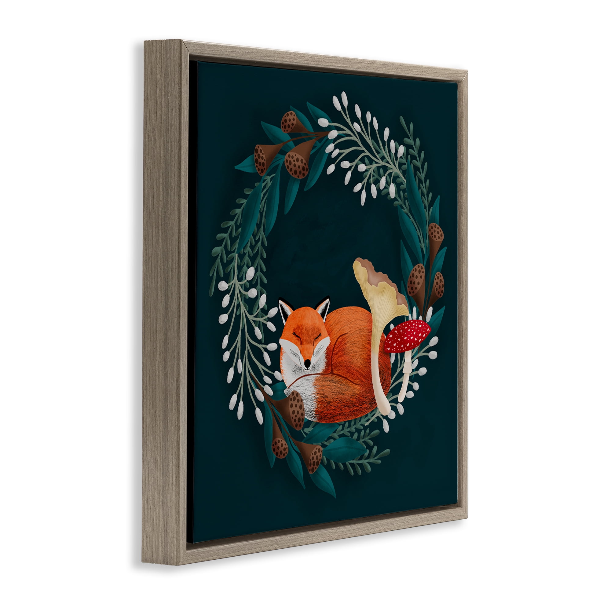 Sleepy Fox in Botanical Wreath Brown Framed Floater Canvas Wall Art, design by Metka Hiti