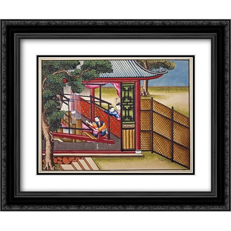Weaving Silk On a Loom 2x Matted 24x20 Black Ornate Framed Art Print by Chinese School