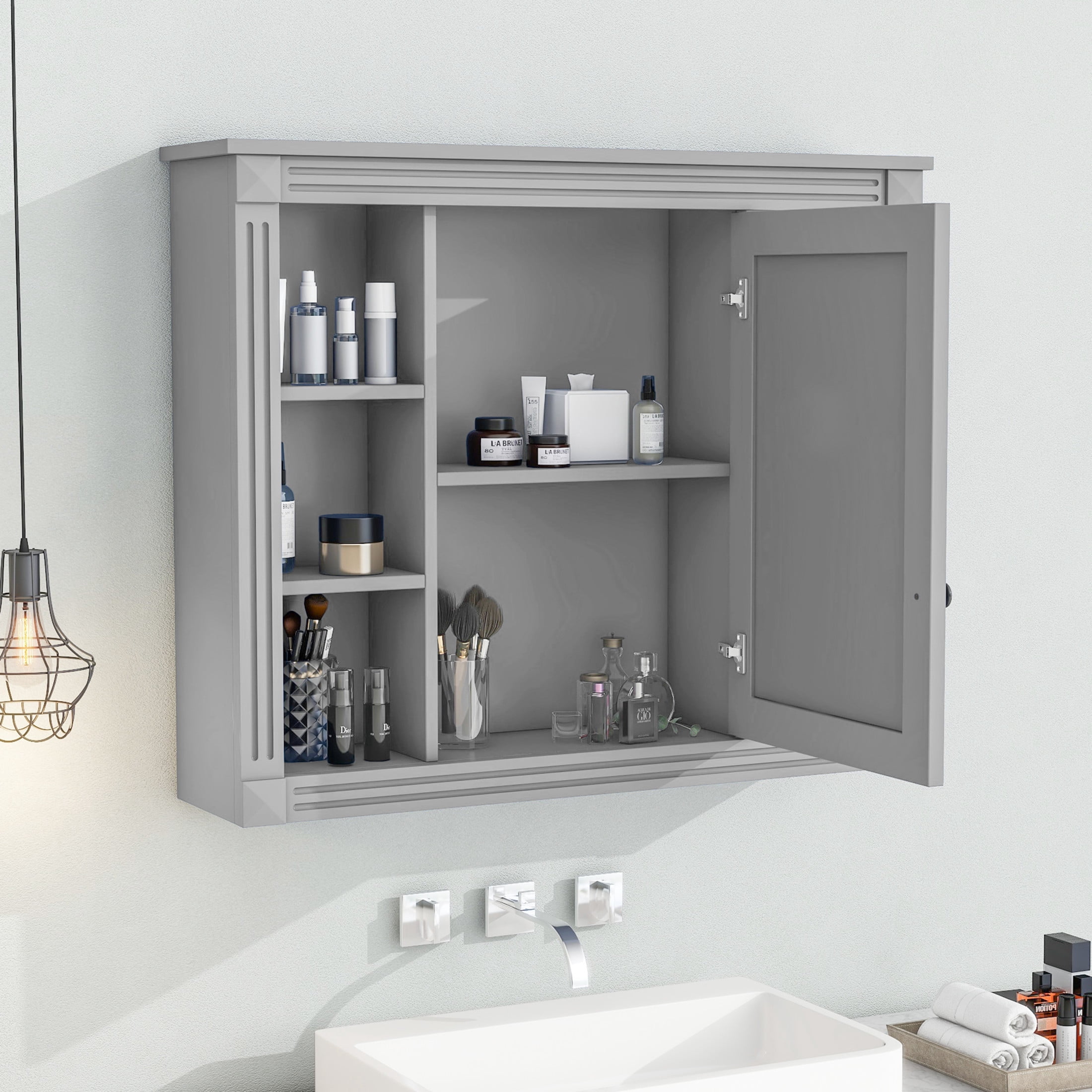 Noble House Wall Mounted Bathroom Mirror Cabinet with Open Shelves, Medicine Storage Cabinet, Gray