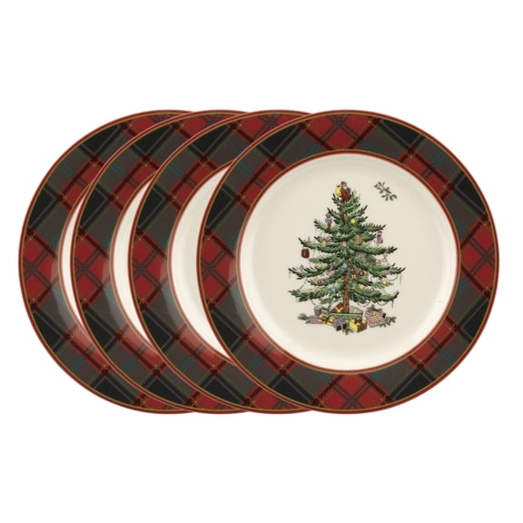 Spode Christmas Tree Tartan Salad Plate (Set of 4) - 7.75" Earthenware Plate, Holiday Tableware for Serving Salads, Appetizers, Desserts - Dishwasher and Microwave Safe, Festive Christmas Dinnerware