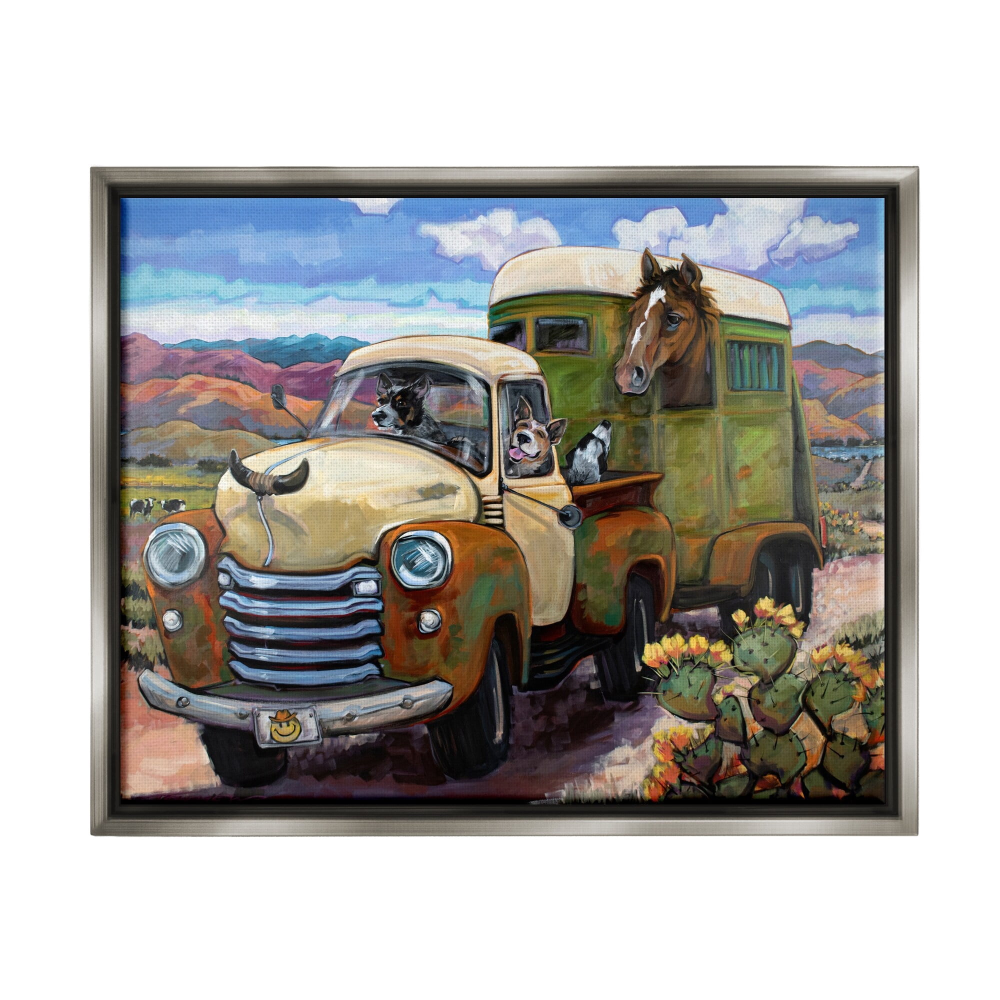 Stupell Industries Dogs Driving Vintage Rustic Truck with Horse Trolley Luster Gray Framed Floating Canvas Wall Art, 24x30, by CR Townsend
