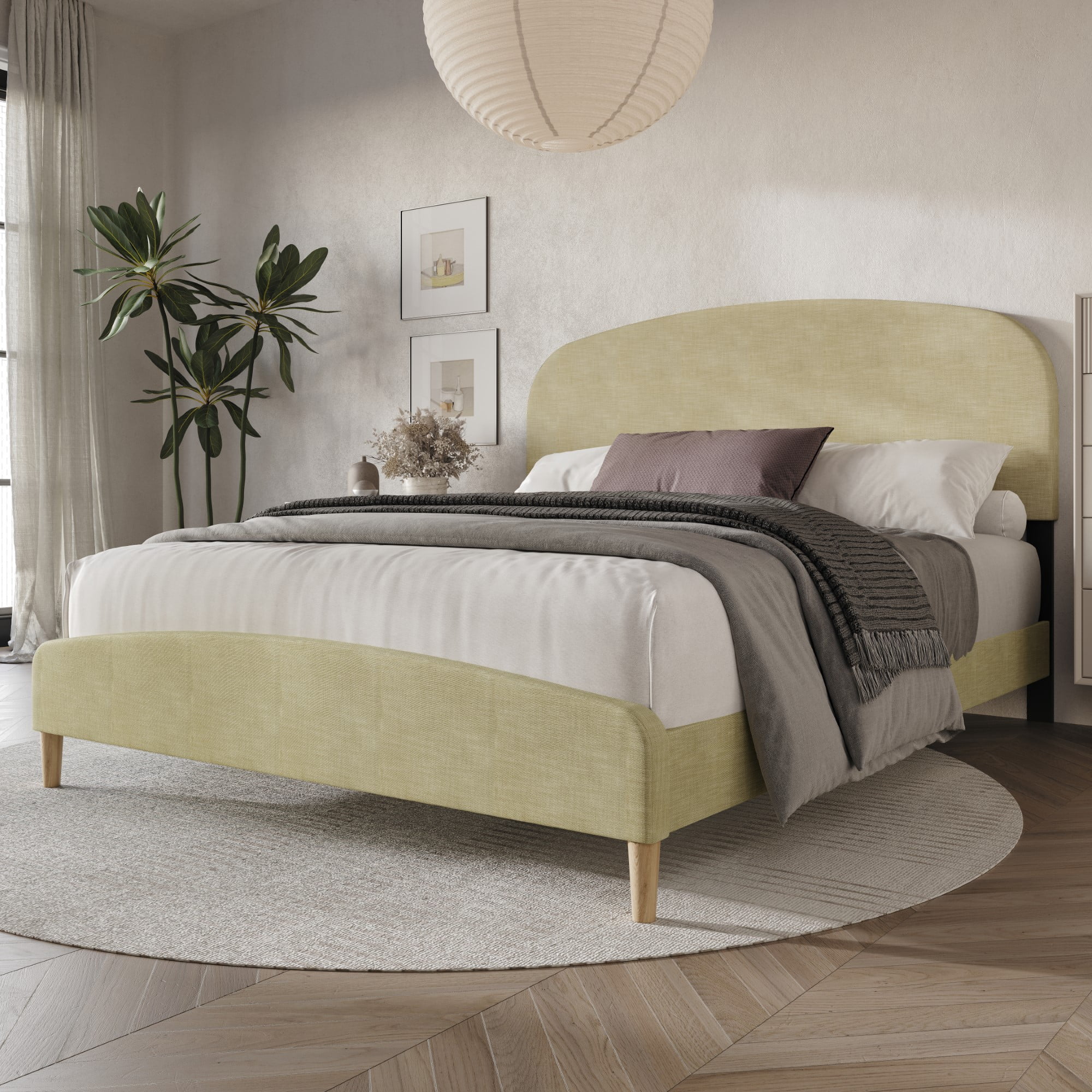 Home Design Rugby Queen Upholstered Panel Bed Frame, Cream, Easy Assembly