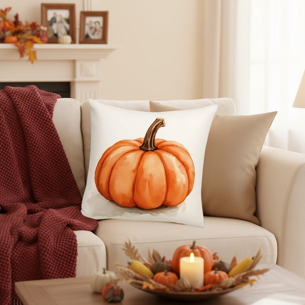 Thanksgiving Pillow Covers 17.7x17.7 Inches Fall Pumpkin Decorative Pillow Cases With Soft Fabric Hidden Zipper For Home Decor