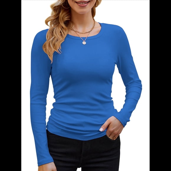 Camisetas Básicas Ajustadas Informales de Cuello Redondo y Larga Acanaladas para Mujer Real M