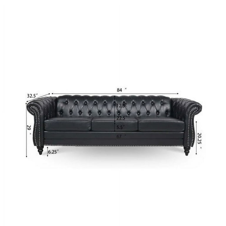 Chesterfield Sofa Set, PU Leather, Black, 3 Piece Wood Furniture