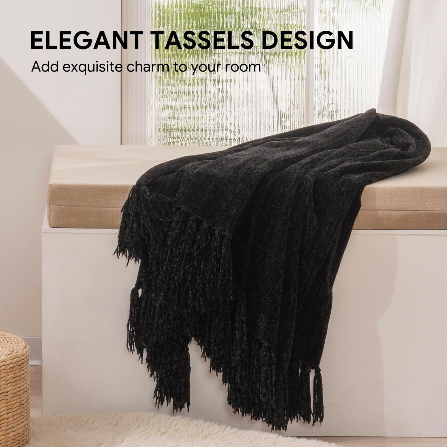 RECYCO Throw Blanket Soft Cozy Chenille Throw Blanket with Fringe Tassel for Couch Sofa Chair Bed Living Room Gift (Black, 50" x 60")
