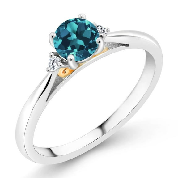 Gem Stone King 925 Sterling Silver and 10K Yellow Gold London Blue Topaz and White Lab Grown Diamond Engagement Ring for Women (0.74 Cttw, Gemstone November Birthstone, Size 5)