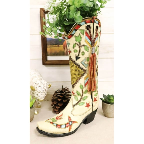 Rustic Western Crosses Arrows Stars Tassel Frills Cowgirl Boot Vase Figurine