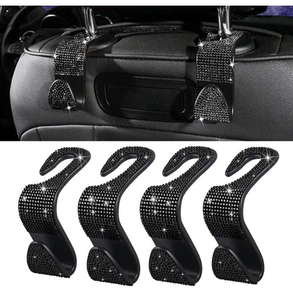 4 Pieces Bling Car Rear Seat Hook, Vehicle multi-functional Rhinestone Car Hooks Bling Car Hooks Front Seat Bling Car Seat Headrest Hooks for Car Seat (Black)