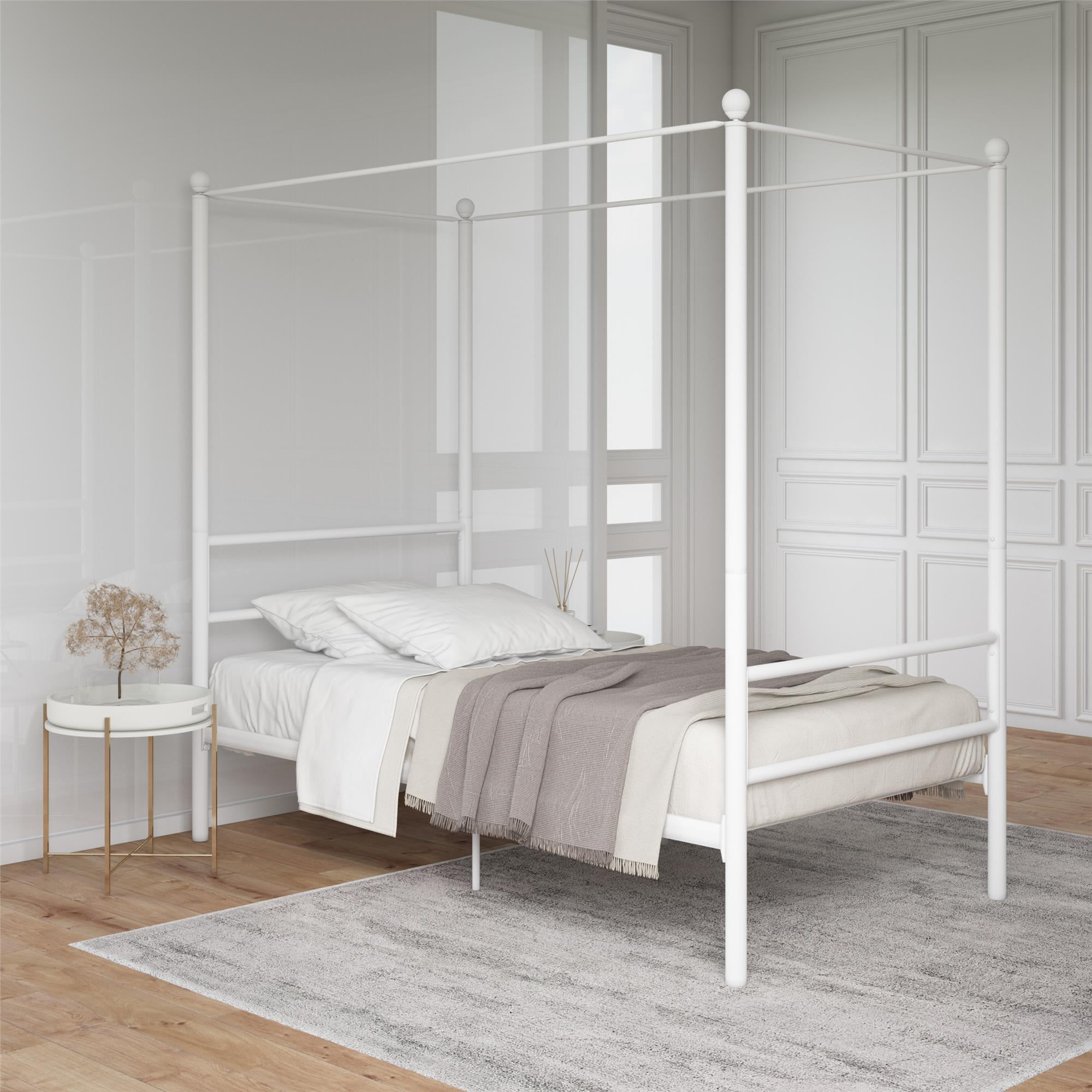 Metal Twin Size White D Canopy Bed with Sturdy Bed Frame 
