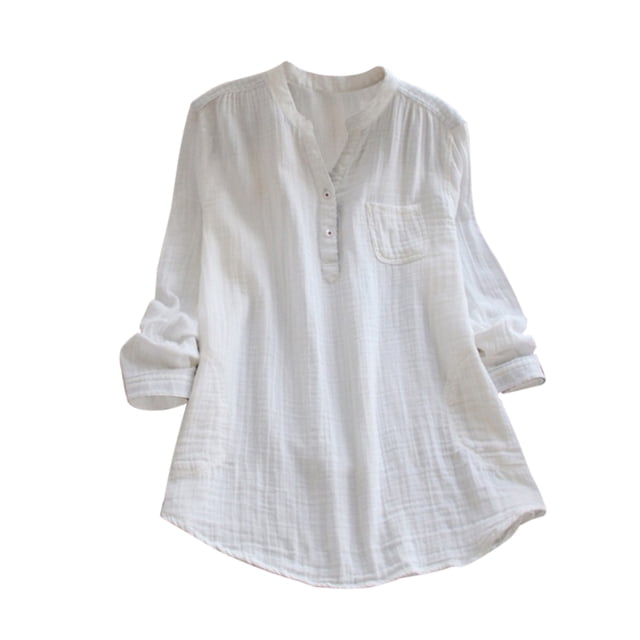 Qarigey Mujer Camisa Manga Larga Primavera Otoño Blusa Con Cuello En V Chica Suelta Top Prendas para la parte del cuerpo blanco S