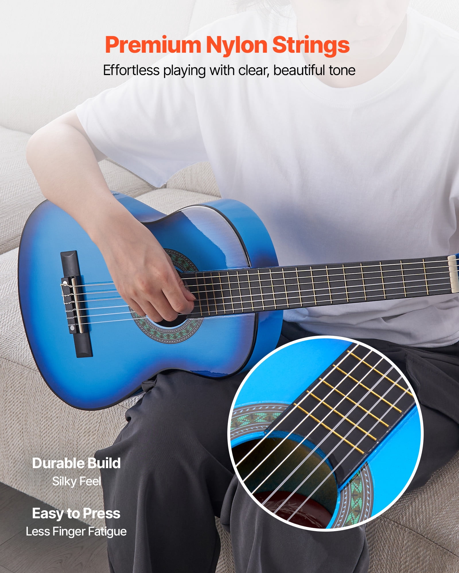 VEVOR 30in Classical Guitar, Wood Guitar Starter Kit for Beginners, with Nylon Strings, Gig Bag, Strap, Tuner, Extra Strings, Picks, Capo, Basswood, for Kids Girls Boys Students, Blue