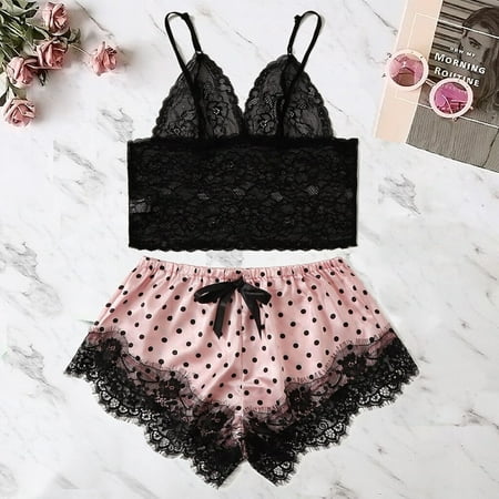 

Ykohkofe Women Satin Lace Silk Print Camisole Shorts Bow Set Sleepwear Pajamas Lingerie